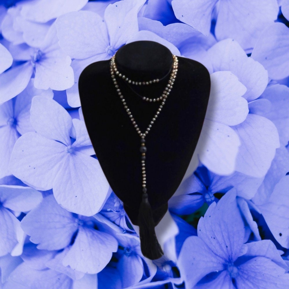 Zacasha | NWT Long Black/Gold Lava Rock Crystal Beaded Tassel Necklace